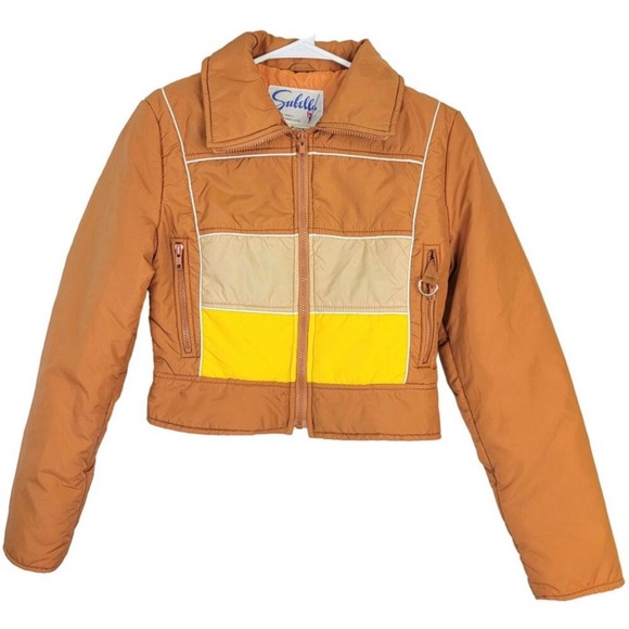 Subello Vintage 70s Ski Set Women 8 Orange Yellow Jacket Snow Bib Flare Pants M - Picture 13 of 16